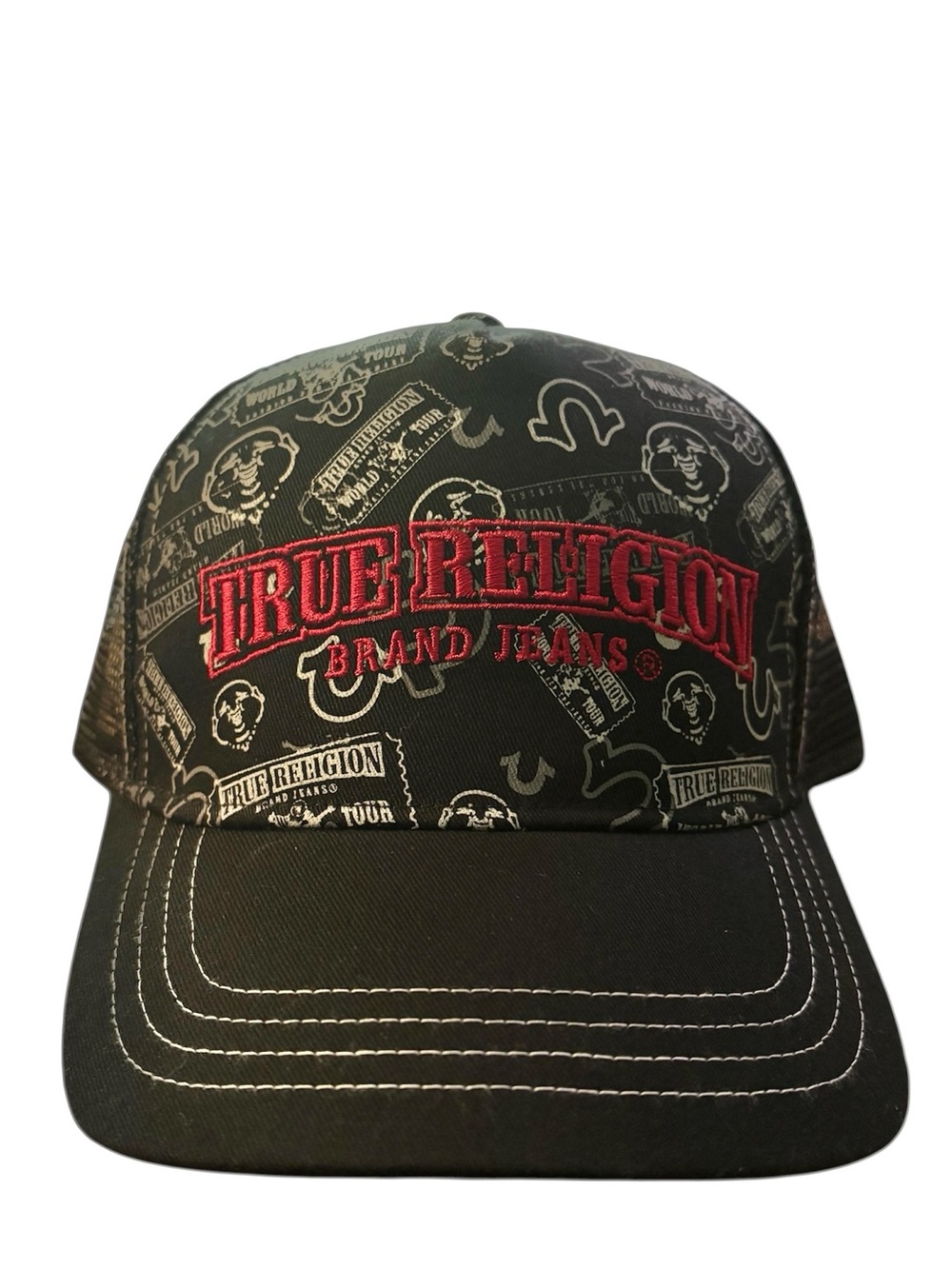 NWT True Religion All Over Print Trucker Hat Black Red Logo Snapback Y2K